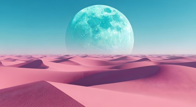 Pink sand dunes landscape with turquoise moon aesthetic wallpaper background scenic view art - Powered by Adobe