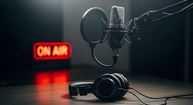 Professional podcasting studio setup with microphone headphones and on air sign for broadcasting
