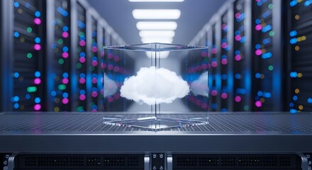 Cloud computing technology concept with cloud inside cube in server room data center rack