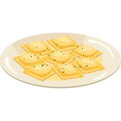 Plate of Yellow Ravioli Pasta Topped with Green Herbs and Sauce on a White Dish with a Transparent Background