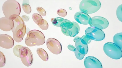 Iridescent liquid spheres floating abstract background soft pink and teal fluid blobs amorphous - Powered by Adobe