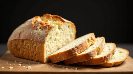 Artisan Loaf Sliced on Wooden Board, Showing Golden Crust and Airy Interior, Ready for Enjoyment