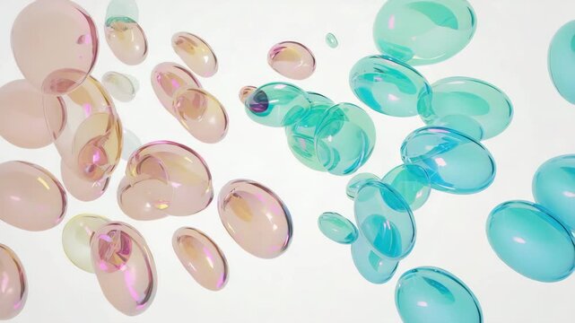 Iridescent liquid spheres floating abstract background soft pink and teal fluid blobs amorphous