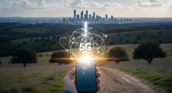 Experience the future of connectivity exploring g technology with smartphone on nature background
