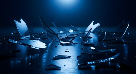 Stock photo of shattered glass pieces on a dark surface for abstract background concepts and design