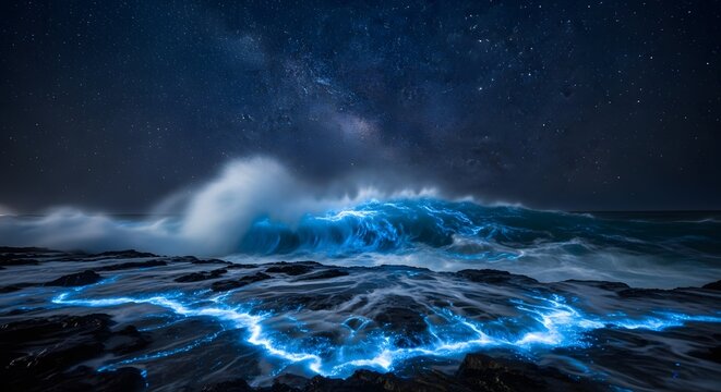 Explore the mesmerizing bioluminescent waves and starry night sky seascape photography view - Powered by Adobe