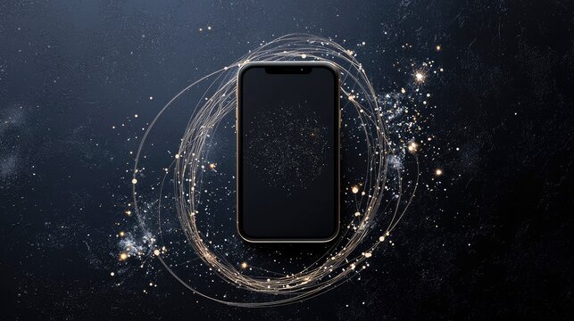 A sleek, modern smartphone with a dark screen is surrounded by swirling golden light trails and sparkling particles against a dark, textured surface. - Powered by Adobe