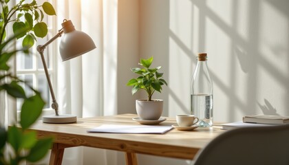 A minimal natural workspace consisting of a wooden desk a single plant and a glass water bottle illu
