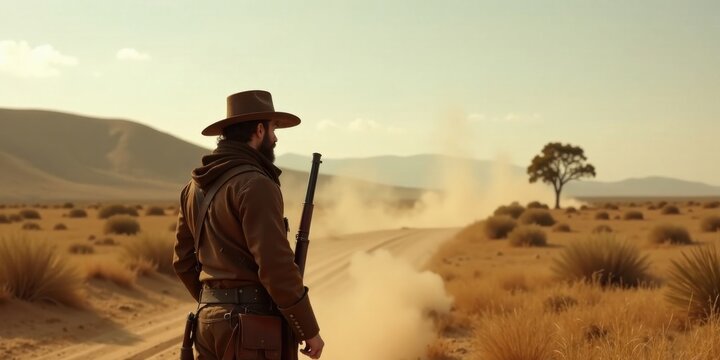 A lone frontiersman, rifle in hand, observes a dust cloud billowing down a desert road, the setting sun casting long shadows across the arid landscape.