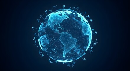 Digital earth globe surrounded by virus particles on a dark background