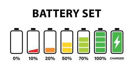 Battery charge level set, set of battery icons, Battery charge level indicators showing progress from empty to fully charged and charged icon
