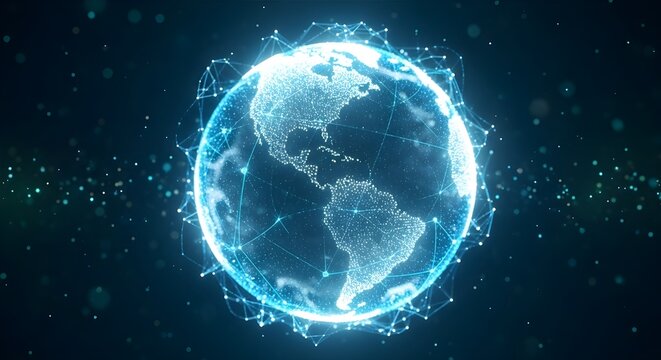 Glowing digital earth globe with futuristic technology and data visualization