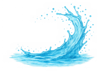 Water splash creating dynamic arch shape with droplets, abstract blue liquid wave element on transparent background