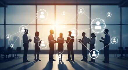 Business team networking with digital connections in modern office