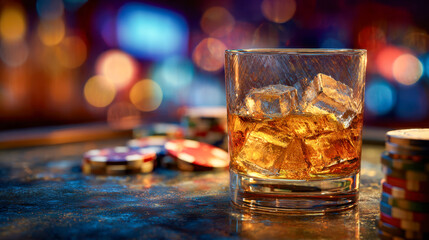Glass of whiskey with ice cubes on a reflective surface surrounded by poker chips with colorful bokeh lights in the background creating a vibrant casino atmosphere