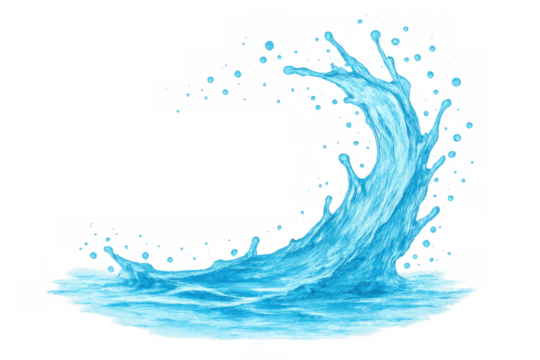 Water splash creating dynamic arch shape with droplets, abstract blue liquid wave element on transparent background