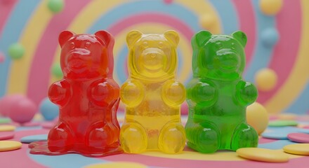 Three gummy bears of different colors stand against a colorful background