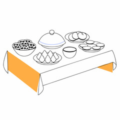 Illustration of a table with various dishes isolated on