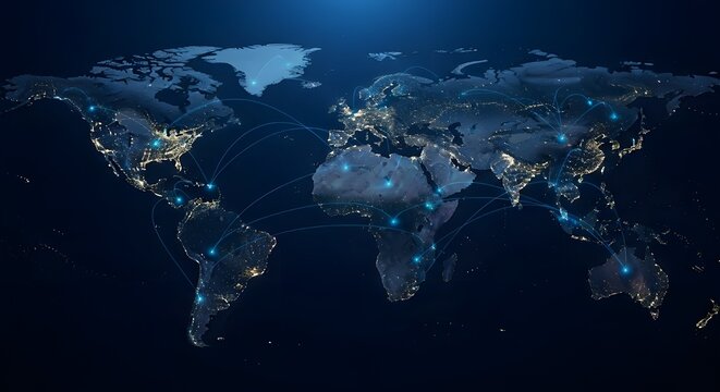World map with city lights at night in dark blue tones