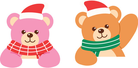 Fototapeta premium 2 Cute Brown and Pink Teddy Bear Friends Wearing Santa Hat and Scarf Peeking and Rising Hand illustration