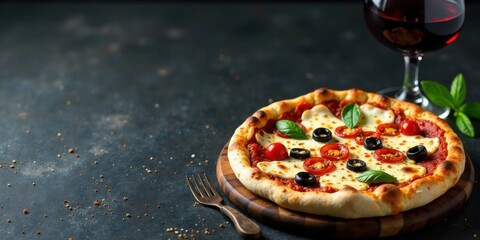 A delectable pizza, adorned with melted cheese, ripe tomatoes, and olives, rests on a rustic wooden board, accompanied by a glass of red wine; a culinary scene perfect for a cozy evening.