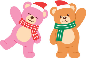 Obraz premium Cute Brown Teddy Bear Wearing Santa Hat and Scarf Sitting Raising and Waving Hand illustration