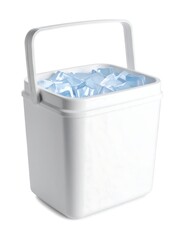 A white plastic cooler with a handle filled with translucent blue ice cubes, isolated against a white background