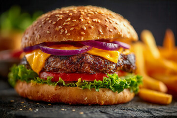 Juicy grilled beef burger topped with melted cheddar cheese, fresh lettuce, tomato, and red onion on a sesame seed bun with golden crispy fries in the background