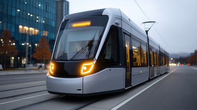 A sleek modern tram travels along a city street during dusk, showcasing urban transportation in a vibrant city setting.