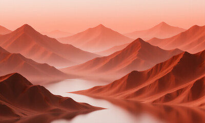 Naklejka premium Serene Monochromatic Red Mountain Landscape with Calm Lake and Ethereal Mist at Sunrise