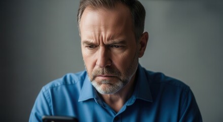 Fototapeta premium A middle-aged man with a beard looks intently at his smartphone, conveying focus and contemplation in a neutral indoor environment.