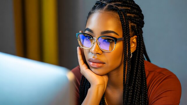 Focused young woman working on computer with glasses and braids in modern indoor workspace
