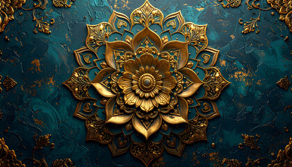Golden Mandala on Teal Texture