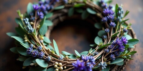 Elegant Rustic Wreath with Dried Botanicals and Wood Slice A top down view of a rustic wreath composed of dried lavender, eucalyptus sprigs, and small red berries, intricately woven around a circular