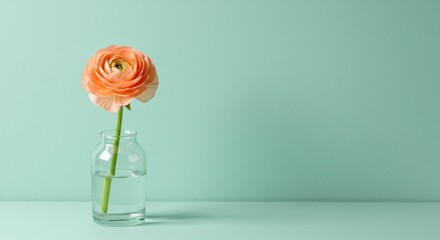 Serene Ranunculus: Peach Blossom in Glass Vase Against Soft Teal Backdrop