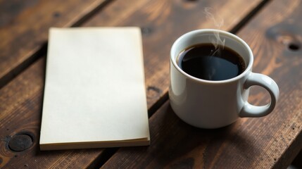 A steaming cup of coffee rests beside a blank notebook on a rustic wooden surface, inviting contemplation and creativity.