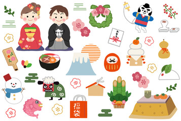 お正月・縁起物と着物姿の子供のアイコンイラスト素材セット　New Year's lucky charm icon set