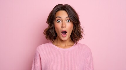 Fototapeta premium A young woman expresses surprise with wide eyes and an open mouth, set against a soft pink background, conveying excitement and emotion.