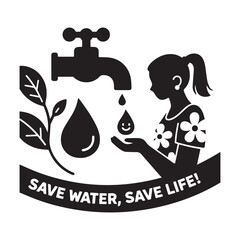 Save Water, Save Life Woman Catching Happy Drop from Tap Icon.