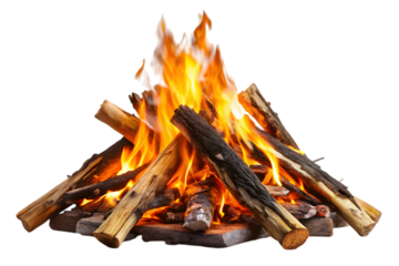 Burning campfire logs isolated on transparent background
