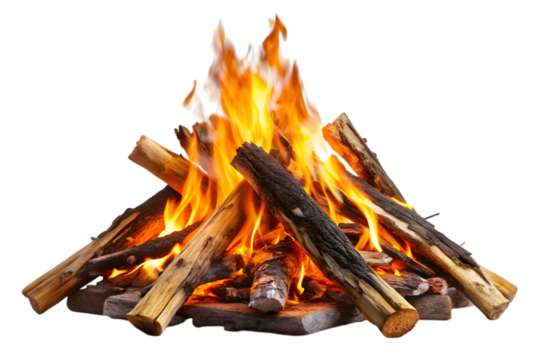 Burning campfire logs isolated on transparent background