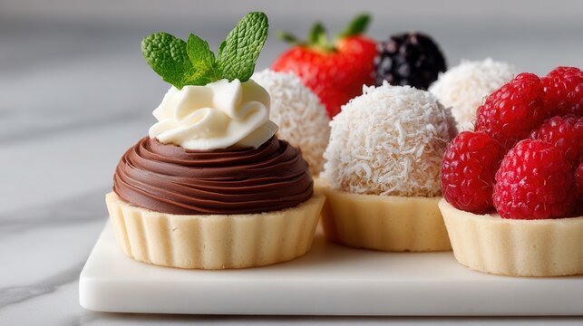 A tempting selection of mini desserts featuring chocolate, coconut, and fruit toppings, perfect for events or celebrations.