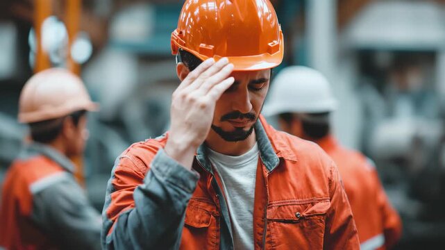 Hardworking construction worker wiping sweat after long shift in dynamic factory setting, 4K