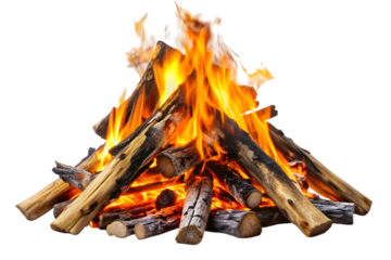 Burning campfire logs isolated on transparent background