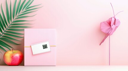 A pink gift box with a blank tag and QR code sits next to a red and yellow apple, with a green palm frond and a pink decorative flower.