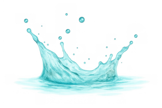 Water splash liquid crown effect creating ripples and drops, aqua fluid motion on transparent background