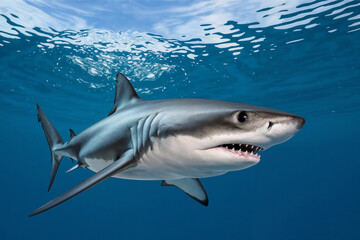 Fototapeta premium A realistic photograph of a large, powerful Great White Shark swimming in clear blue ocean water near the surface, showcasing its sharp teeth and intimidating presence.