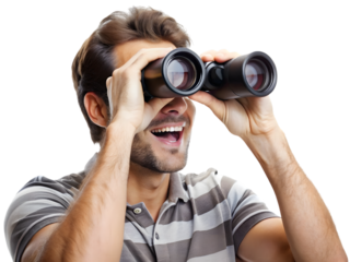 Man looking through binoculars isolated on transparent background