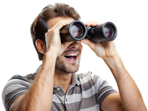Man looking through binoculars isolated on transparent background