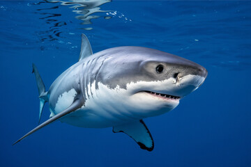 Fototapeta premium A dramatic, realistic photograph of a Great White Shark swimming beneath the ocean surface, featuring its powerful body, dark eyes, and rows of sharp teeth.